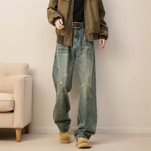 Men's Baggy Denim Jeans - Vintage Dirty Wash Wide-Leg Nineties Hip-Hop Pants, Loose-Fitting Heavyweight Distressed Cotton Workwear, Chunky Cropped Grunge Streetwear with Pockets, Baggy Men's Jeans