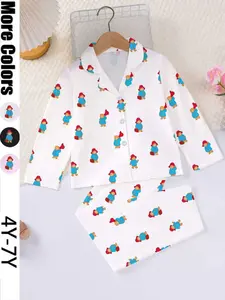 Cute Doll Bear Print Fire Retardant Fabric Pajama Set, Casual Long Sleeve Button Front Top and Loose Elastic Pants