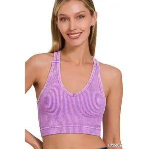 Stone Washed Ribbed Crop Racerback Tank Top Brami Bralette with Removeable Pads by Zenana - 90% Nylon Fabric, 6293 Soft Stretchy Womenswear Soft