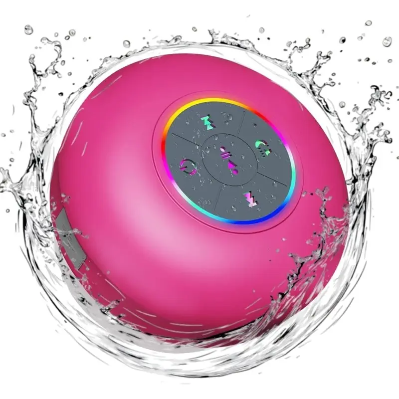 Portable Mini Bathroom Shower Speaker with LED, Audio, Mic, Suction Cup, IPX4 Water Resistance for Shower, Travel Use (Black)