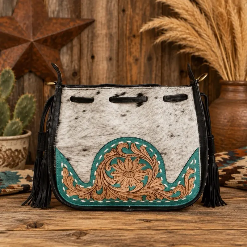 Cowhide and Teal Tooled Leather Bucket Bag