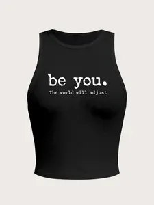 Women's Summer Casual Letter Print Crop Top, Round Neck Tight-Fitting Sports Vest, Moderate Fabric, Perfect for Daily Wear, Sporty Cami Top