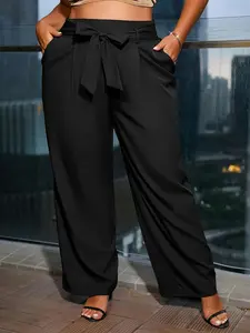 Plus Size Solid Pocket Belted Woven Pants, Elegant High Waist Trousers for Work Office Business, Women's Plus Size Bottoms for All Seasons