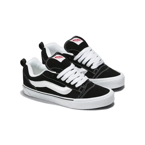 VANS Knu Skool Men's Retro Reissued 90s Low-Top Lace-Up Trainer, Classic Casual Suede Footwear, Puffy Tongue, 3D Sidestripe, Suede Upper, Rubber Waffle Outsole Street Grips, Heel Pulls, Dial It In, Black/True White Chunky Streetwear Shoes