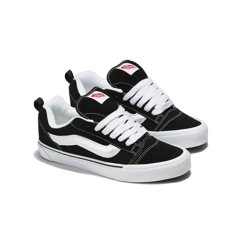 VANS Knu Skool Men's Retro Reissued 90s Low-Top Lace-Up Trainer, Classic Casual Suede Footwear, Puffy Tongue, 3D Sidestripe, Suede Upper, Rubber Waffle Outsole Street Grips, Heel Pulls, Dial It In, Black/True White Chunky Streetwear Shoes