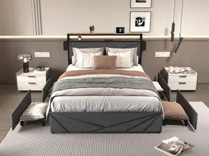 Full/Queen LED Bed Frame, Storage Headboard with Charging Station, Solid and Stable, Noise Free, No Box Spring Needed, Easy Assembly