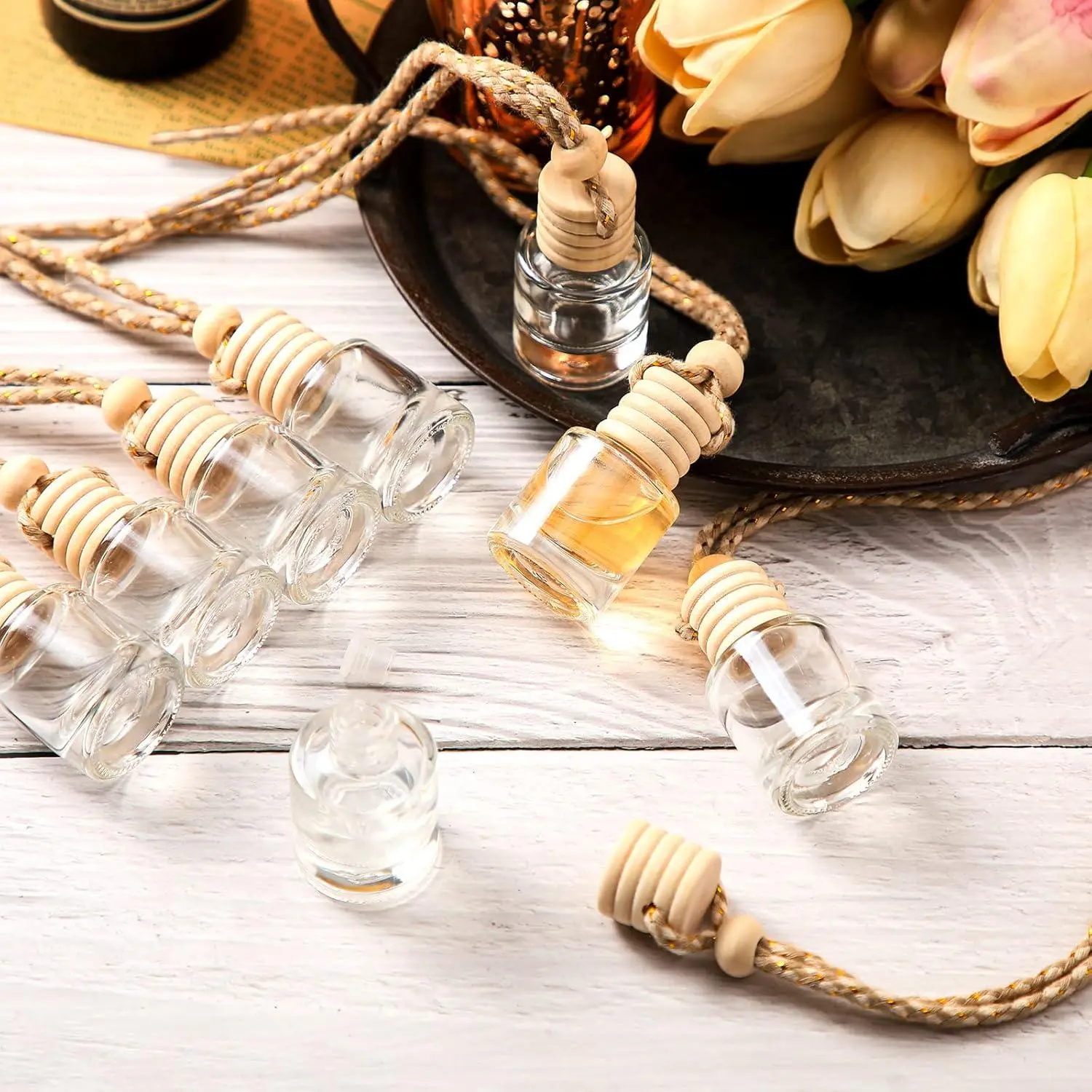 50 Pcs Hanging Car Air Freshener Car Diffuser Bottles Empty Glass Perfume Bottle Freshener Diffuser Bottle Pendant for Essential Oil Fragrance Aromatherapy Ornament (Cylinder)