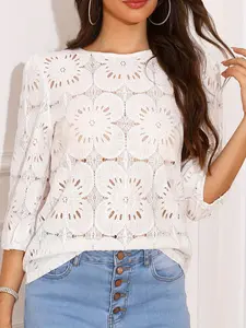 Women Round Neck Embroidered  3/4 Puff Sleeve Shirt Casual  Eyelet Boho Lace Blouse