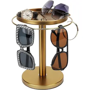 360 °   Rotating Sunglass Organizer Storage, Stainless Steel Glasses Holder Stand, Glasses Organizer with Tray for Desk, Dresser, Tabletop, Nightstand and Home Decor (Gold)