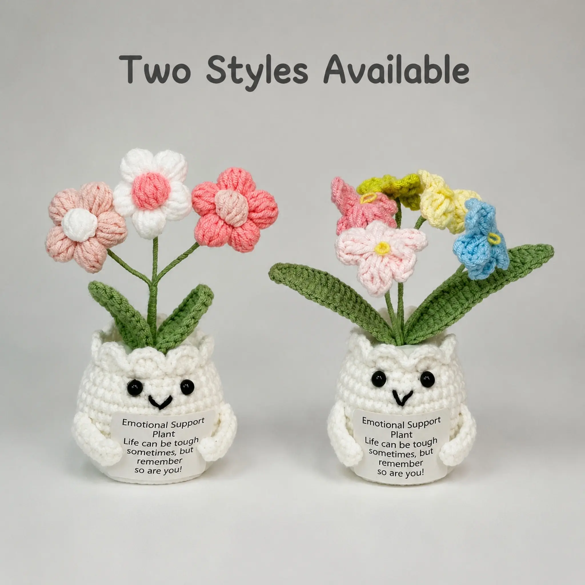Handmade Crochet Emotional Support Plant Cute Smiley Flower Pot with Positive Affirmation Mini Knitted Artificial Flower No Watering Needed Kawaii Desk Ornament for Home Office Bedroom Inspirational Get Well Gift for Women Teens Coworkers