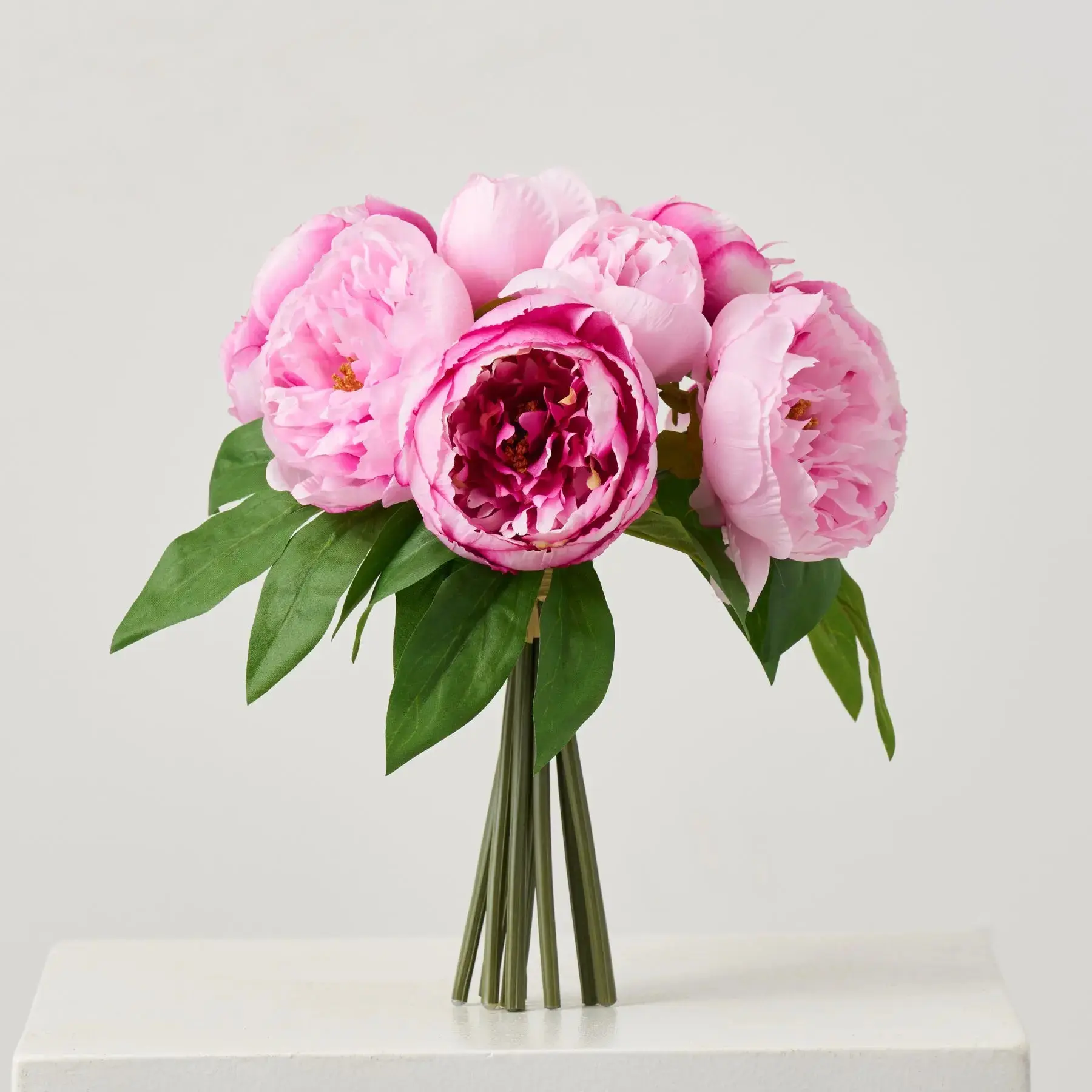 Silk Pink Peony Flower Bouquet with Leaves - 9 Stems, 12in Faux Floral Decor for Home Decor Supplies, Leaf