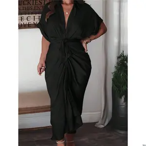 Hem Celure Plus Size Solid Color Pleat Shirt Dress Maxi Women Outfit