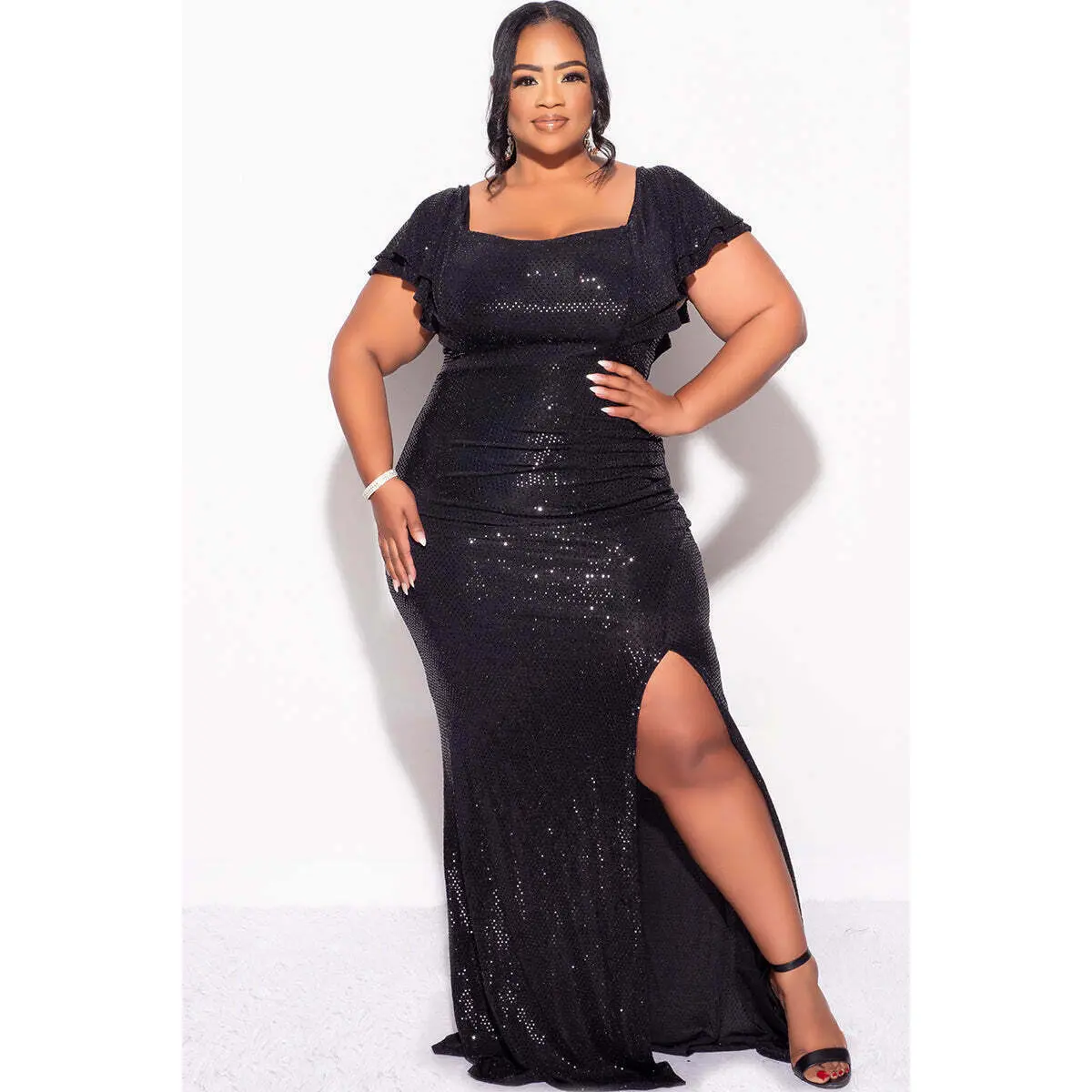 Final Sale Plus Size Confetti Dot Knit Sequin Flutter Sleeve Gown with Side Slit in Black