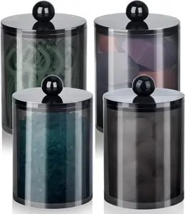 Black 4-Pack Classic Bathroom Storage Canister Set with Lids - 10-12oz Plastic Apothecary Jars for Q-Tips, Cotton Balls, Pads | Modern Vanity Restroom Organizer