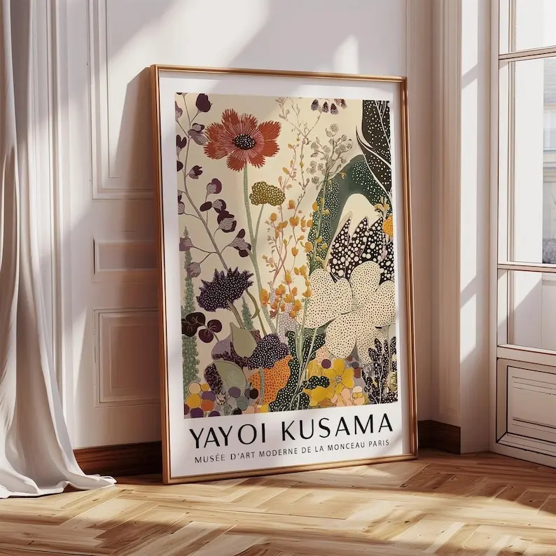 Yayoi Kusama Poster Botanical Wall Art with Abstract Garden Motif in Warm Earthy Tones, Modern Nature-Inspired Print