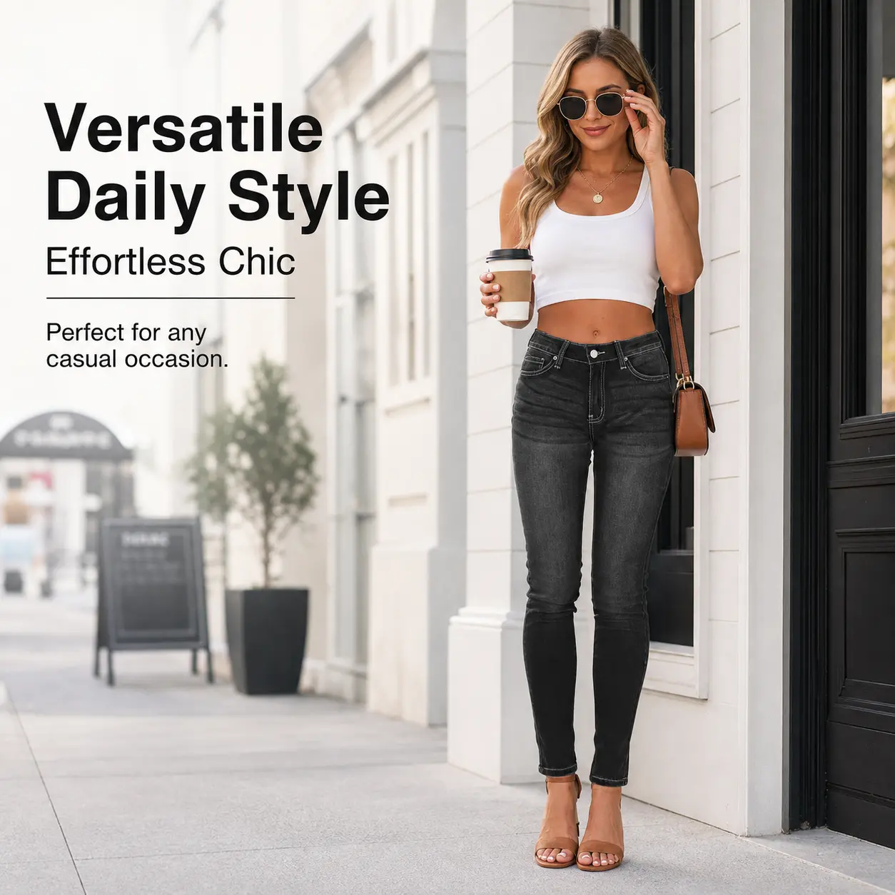 Women High Waist Single Button Skinny Jeans, Dark Grey Wash Full Length Stretch Denim Pants, Tummy Control Slimming Figure Flattering Pocket Trousers for Office Daily Casual Outfits