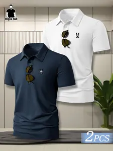Men's Summer Large Size Polo Short Sleeve Ice Silk Top, Casual Polo Shirt, Classic Skull Rabbit Heart Print, Casual Business Leisure, Quick Dry Breathable