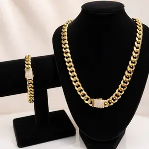 Set Cubano de Cadena y Pulsera en Oro Laminado 14K con Broche Brillante