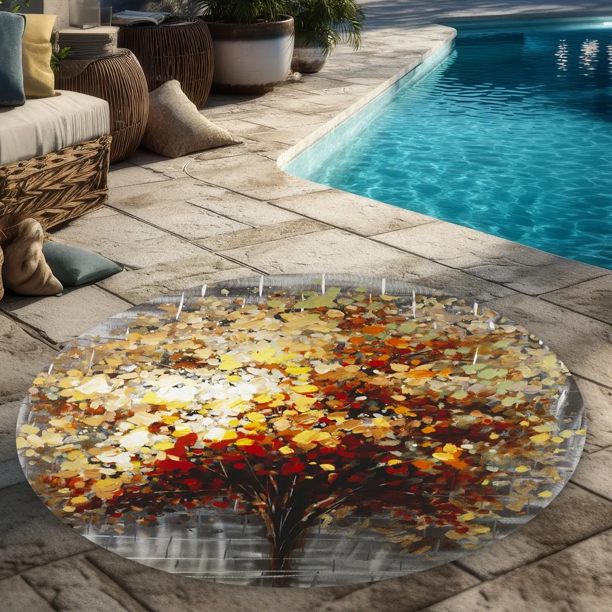 360 Stand 5x5 ft. Contemporary Round Indoor/Outdoor Rug - Modern Abstract Tree Motif Printed Carpet, Fall Design Household Textile Home Decor, Contemporary Rugs, Modern Abstract Rug