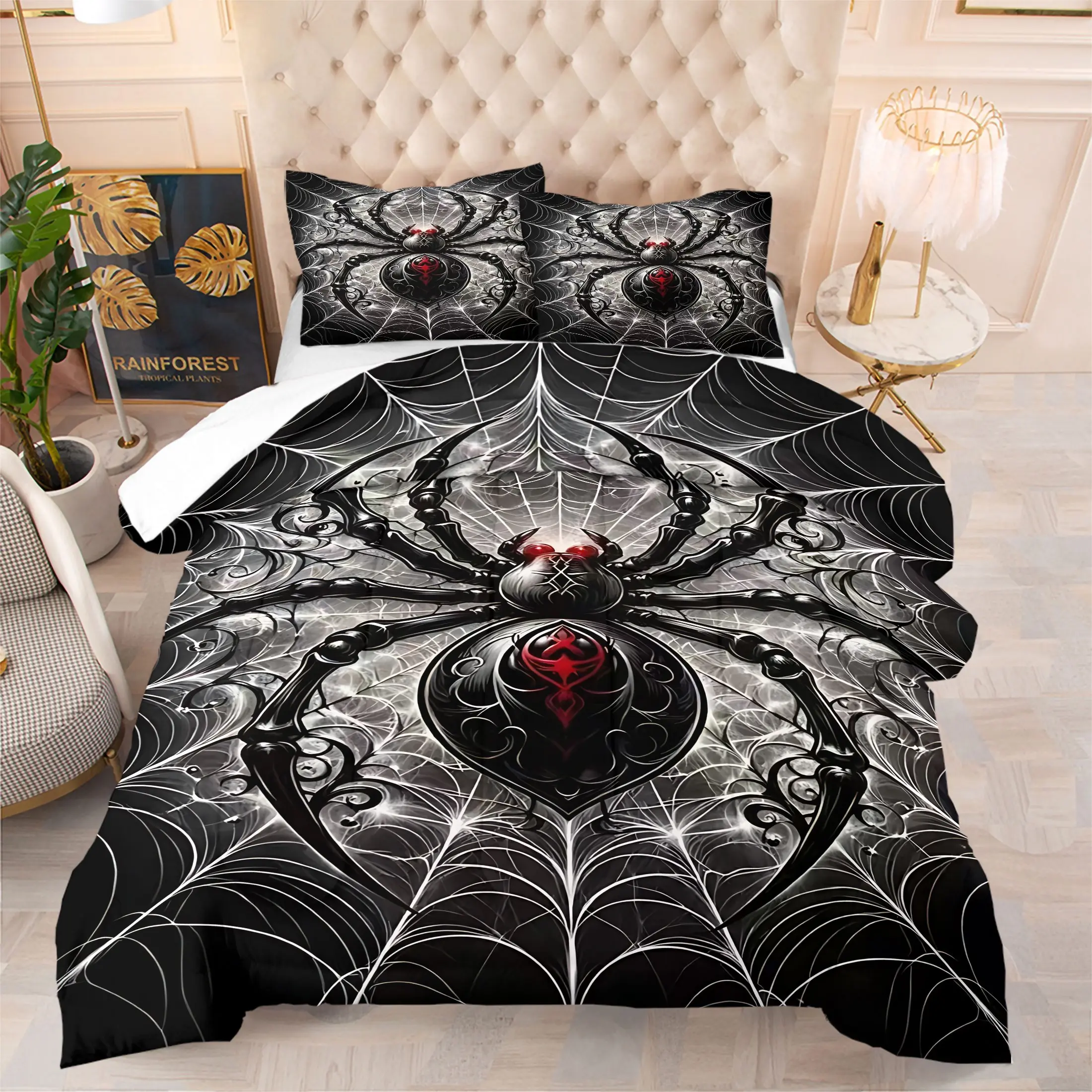 2/3Pcs Dark Gothic Spider Web Print Quilted Comforter Set, Halloween Spooky Style, Soft Breathable Warm Cozy Bedding Set, for Teen Boys Bedroom, Dorm, Gaming Room, Comforter With Filling, Pillowcases Without Filling
