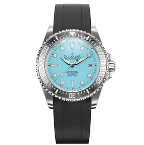 Oceaneva Men's Deep Marine Explorer II - 1250M Swiss Dive Watch with Damascus Steel Sky Blue Dial & FKM Rubber Band