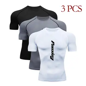 3-pack men’s compression T-shirts with letter print, raglan sleeves, quick-dry, moisture-wicking, breathable, stretchy fit—ideal for gym workouts and running training