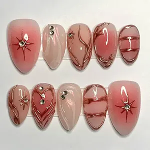 Roseflare Pink Ombre Press On Nails, Shiny Fake Nails with Heart and Gem Details