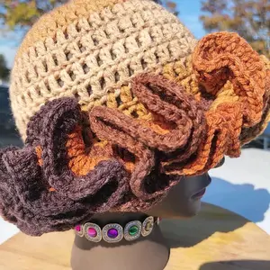 Hand-made Crochet Ruffle Hat 3 Row Cinnamon with Rich Brown & Orange Accents for Stylish Warmth