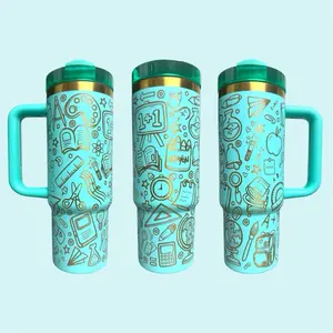 Teacher Themed 30oz Tumbler with Gold Doodle Design and Turquoise Handle Perfect for Teachers