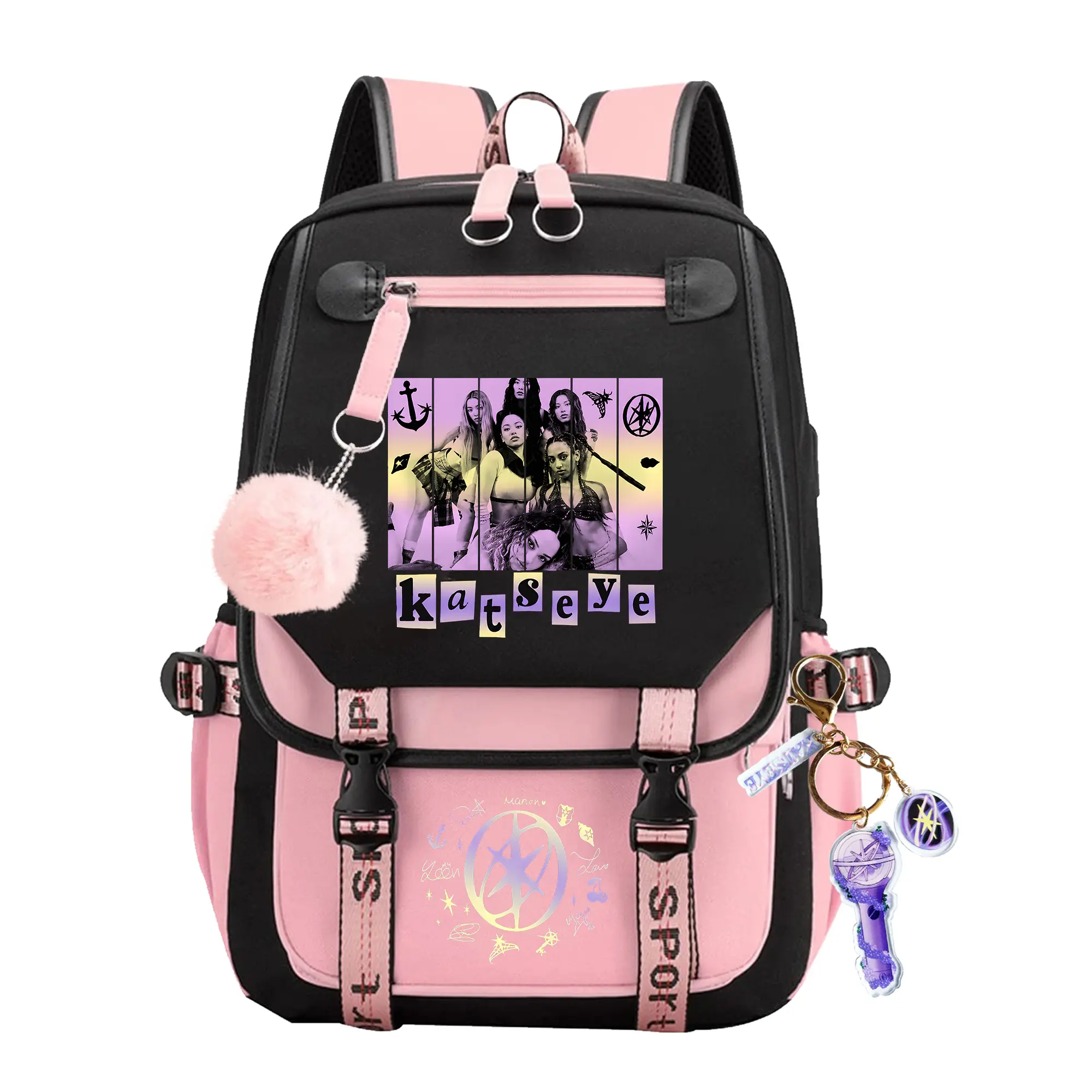 KATSEYE Kpop School Backpack for Girls, Cute Pink and Black Global Girl Group Daypack with Pom Pom Keychain, Large Capacity Aesthetic Laptop Bookbag for Teens Fans