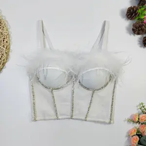 Corset Tank Tube Halter Tops Bra Blusas Short Hand-Stitched Rhinestone Glisten Feather Beading Sexy Clothes Girls Summer Spring Fishbone Weighted Vests Woman Wedding Party Blind Date Stage Party Shaper Elevated Going Out Tops Crop Halter Tank Tube Top