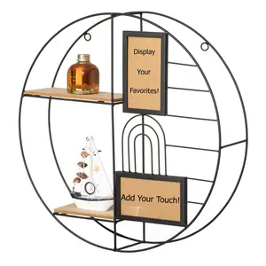 Vintiquewise QI004691.photo.Bk Vintiquewise 2-Tier Decorative Floating Circular Silhouette Wall Shelf with 2 Photo Frames - Circular Metal and Wood Wall-Mounted Shelf