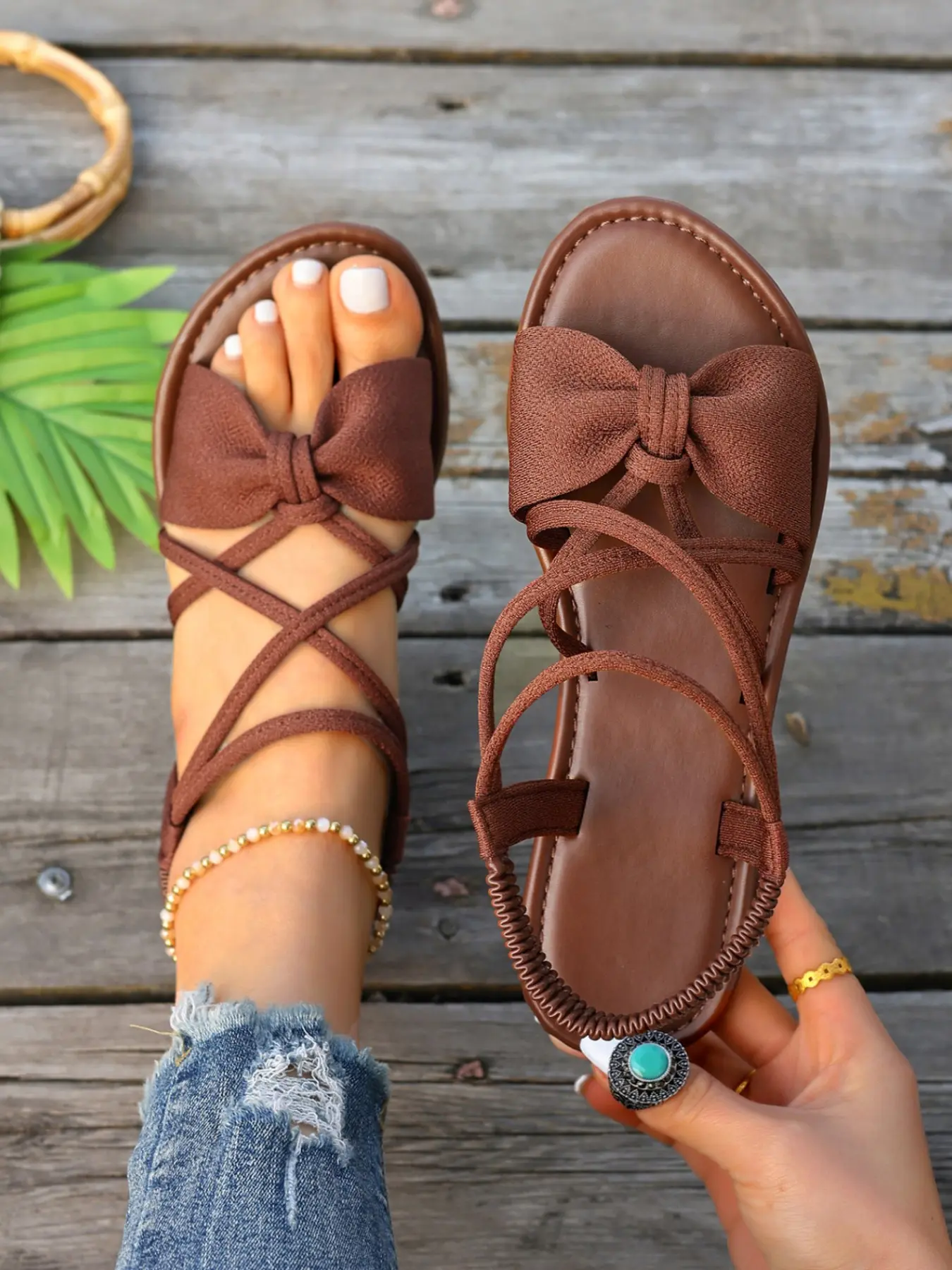 Women's Bow Flat Sandals, Cross Strap Elastic Back Tie, Casual Spring Summer Commuter Shoes, Ditsy Floral Pattern, Flat Heel Flat Sole Sandals, Casual Summer Footwear