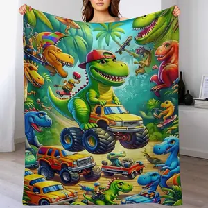 Personalized Dinosaur Truck Fleece Throw Blanket - Soft, Cozy & Warm for Couch, Bed, Office, and Travel - All-Season Gift Idea