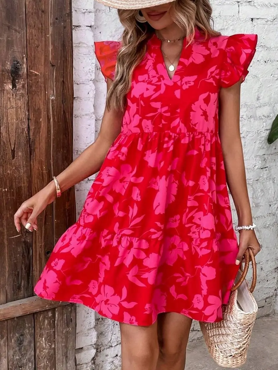 Floral Print Ruffle Trim Dress, Smocked Notched Neck Casual Summer Sundress