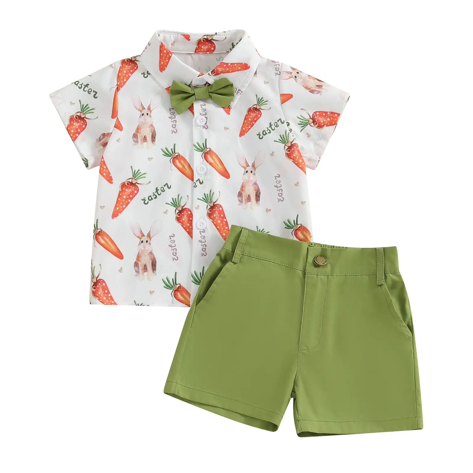 Toddler Baby Boy Easter Outfits Set Bunny Print Short Sleeve Button Down Shirt Top Solid Shorts Set Summer Gentleman Clothes 2Pcs