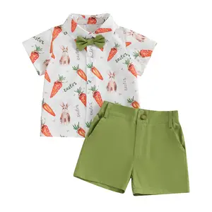 Toddler Baby Boy Easter Outfits Set Bunny Print Short Sleeve Button Down Shirt Top Solid Shorts Set Summer Gentleman Clothes 2Pcs