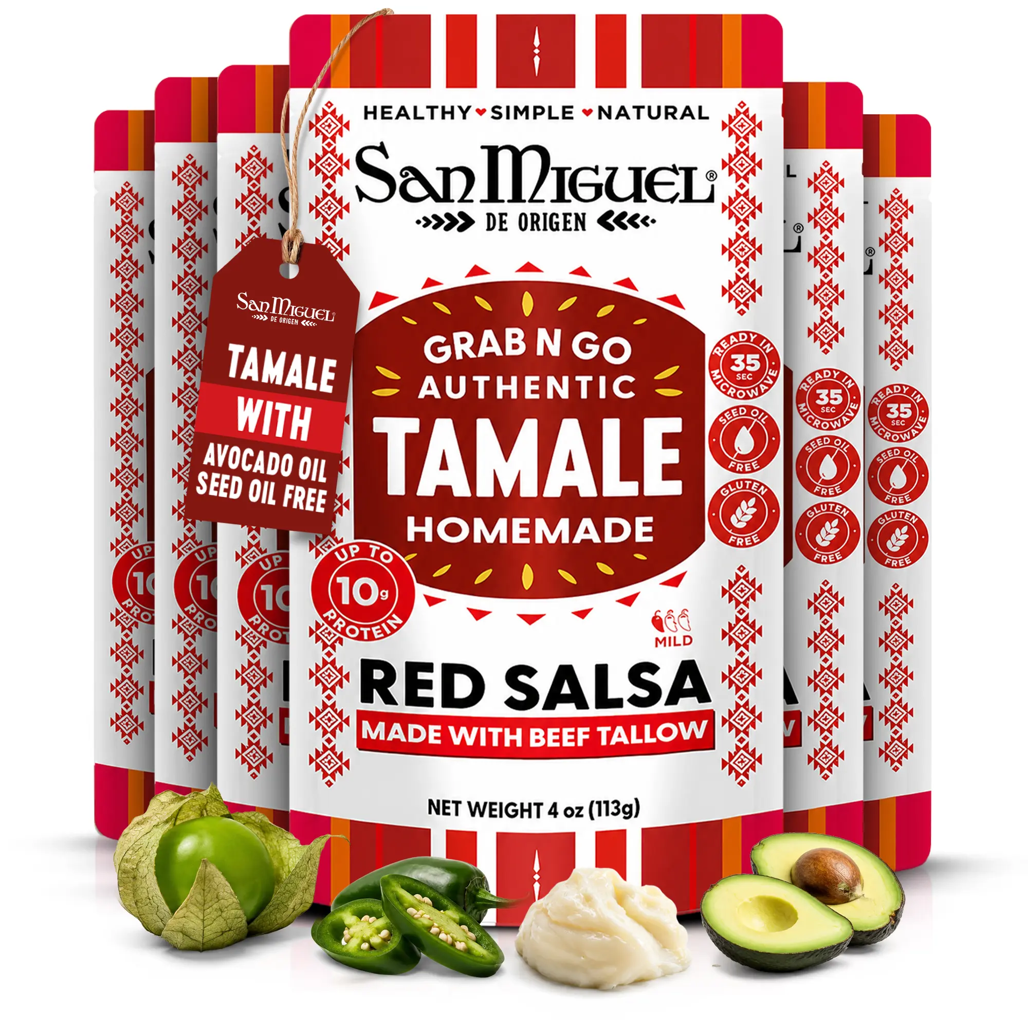 San Miguel Authentic Red Salsa Tamales, 6-Pack (4 oz Each), Instant Ready-to-Eat Gluten-Free Pantry Food, 10g Protein, Beef Tallow & Avocado Oil, Garlic-Infused, Mild Heat Canned-Jarred Item
