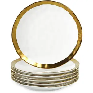 Ceramic Dinner Plates Set, 10 Inch, Set of 6, Round, Dishwasher Safe, NOT Microwave Safe, Suitable for Steak, Pasta, , Party, Restaurant(White with Golden)