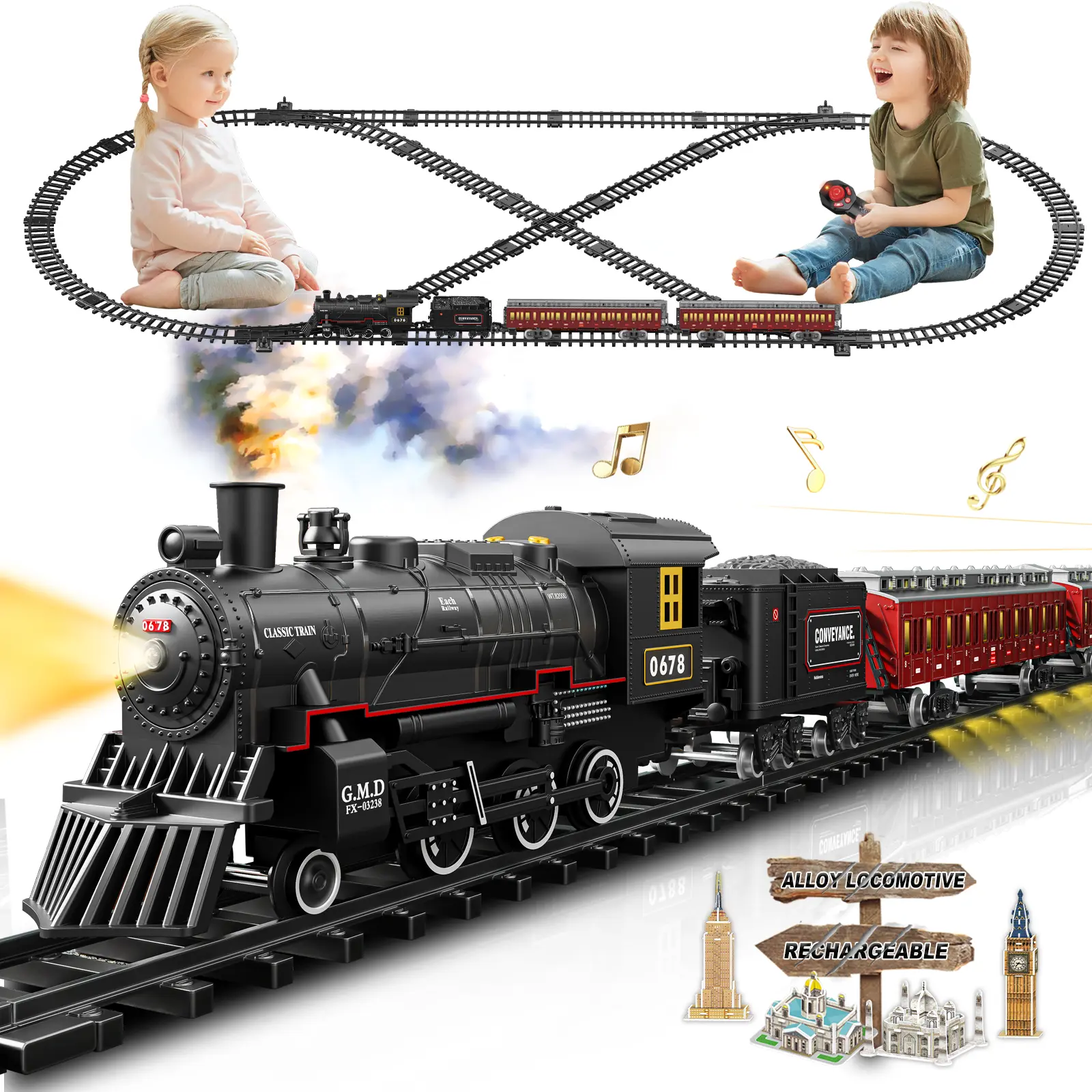 Red Electric Train Set for Unisex Kids Ages 4+, Remote Control Metal Alloy Steam Locomotive, Glowing Passenger Cars, Coal Car, 1 Cross Track, Customizable Track Layouts, Light & Sounds, Rechargeable, BPA Free, 3D Puzzle Learning Express Toy, Birthday Gift