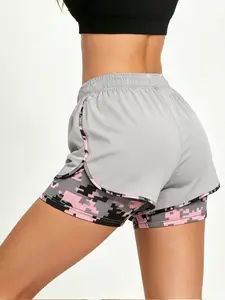 3-Pack Women’s Quick-Dry 2-in-1 Athletic Shorts — Breathable, Anti-Exposure Lining Shorts, Camouflage Print, Mid-Rise Drawstring Running & Fitness Shorts, Outdoor Yoga Training Casual Sports Shorts