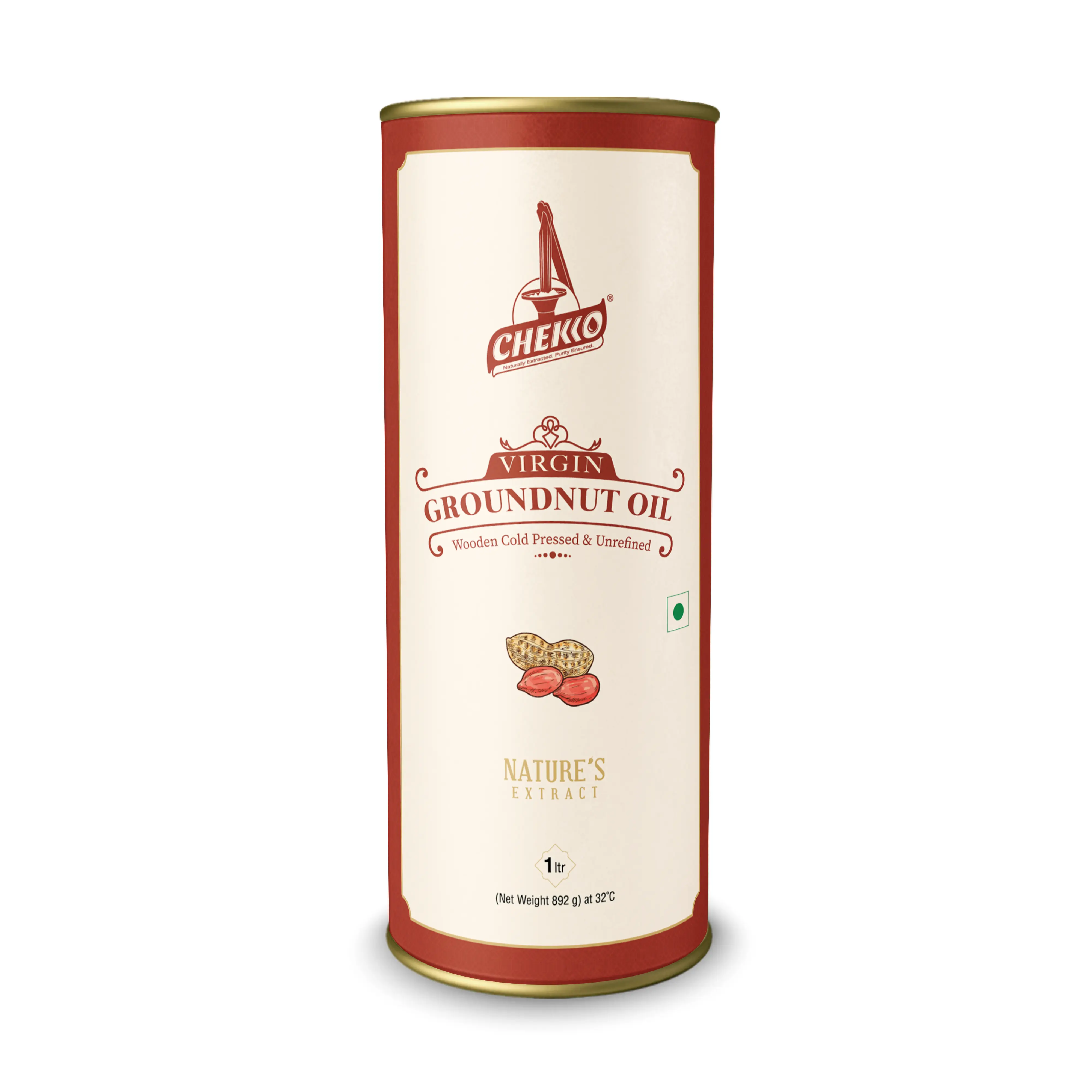 Chekko 1L Cold Pressed Groundnut/Peanut Oil Pure & Natural Cooking Oil High Smoke Point for Deep Frying Ideal for Cooking Methods