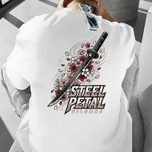 Steel Petal Silence' Katana Sakura Print T-shirt Japanese Sword Style Casual Top