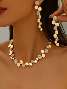 Fashion Simple Metal Wind Elegant Matching Jewelry Set, Geometric Smooth Round Beaded Necklace Earrings, Abstract Creative Patchwork Design