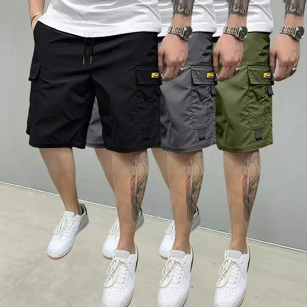 Men's 3-Pack Basic Solid-Color Straight Cargo Shorts - Menswear, Soft Breathable Elastic Fabric, Loose Fit with Velcro Pockets, Blue+Black+Gray, Suitable for Casual Wear, Athletic, Workwear, Utility, Streetwear, Plain