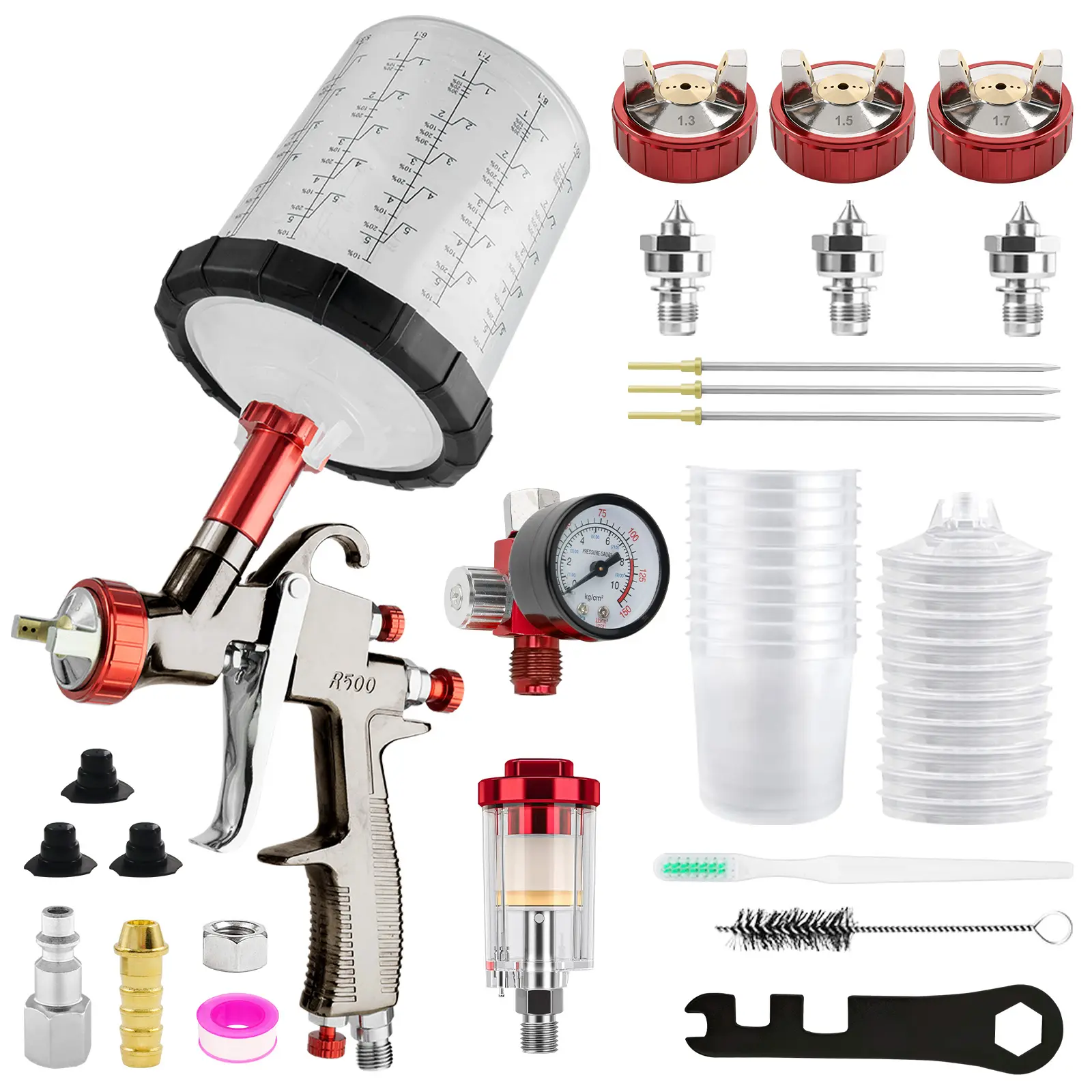 R500 Model LVLP Spray Gun Mixing Cup Kit, 650ml Container, 10 Disposable Cups, 1.3/1.5/1.7mm Nozzles, Adjustable Spray for Automotive, House Painting, Budget-Friendly Power Tool