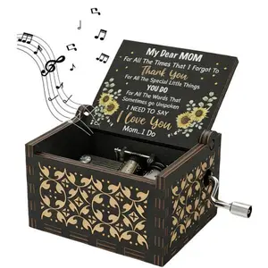 "My Dear Mom" Leter Pattern Music Box - Hand Crank Wooden -Engraved Vintage Music Box - Ideal Gift for Birthday