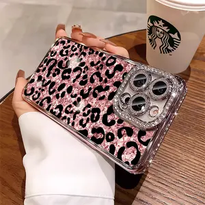 Pink leopard print luxury rhinestone decor phone case for iPhone 17 17air 17pro 17promax 16 15 14 13 12 11 plus pro Max shockproof camera protector cover