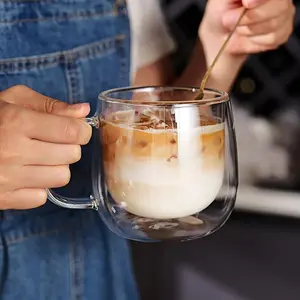 Glass coffee cup, 12 oz; double-walled insulated set with handle; transparent glass espresso cup; suitable for latte, cappuccino, tea bags, hot drinks, and cold drinks; two-piece set