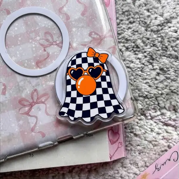 Retro Checkered Ghost MagSafe Phone Grip, Cute Spooky Bubble Gum Blowing Magnetic PopSocket, Checkerboard Halloween Phone Holder, Trendy Accessory